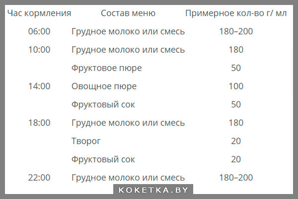 Изображение 1: Таблица суточного рациона ребенка в возрасте 6 месяцев