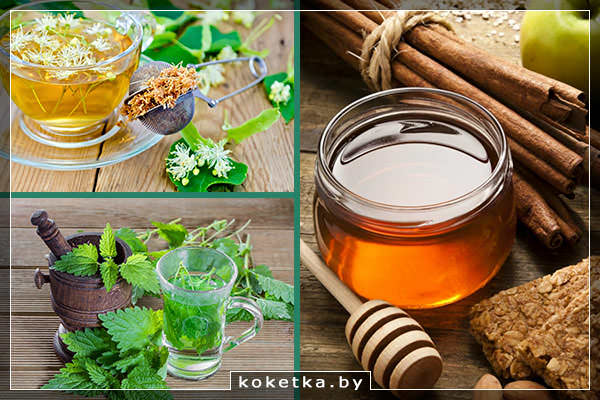 Маски и настои против выпадения волос: маска из мёда и корицы, липовый настой, отвар крапивы