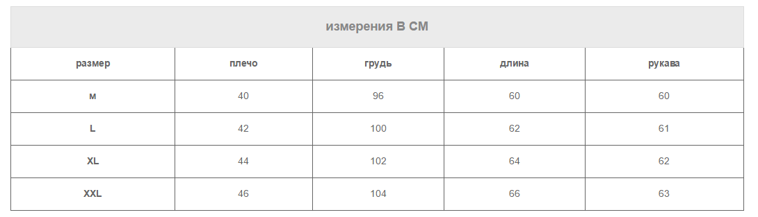 Таблица размеров
