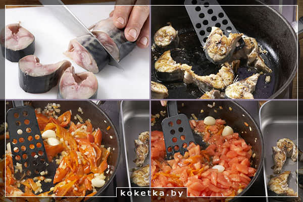 Разделываем скумбрию, обжариваем её и овощи